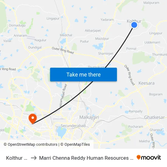 Kolthur Village to Marri Chenna Reddy Human Resources Development Institute map