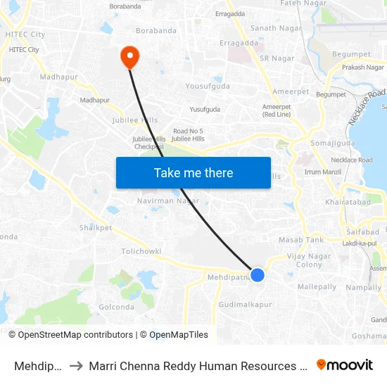 Mehdipatnam to Marri Chenna Reddy Human Resources Development Institute map