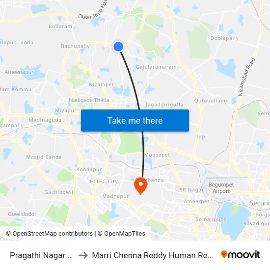 Pragathi Nagar Twd B K Enclave to Marri Chenna Reddy Human Resources Development Institute map