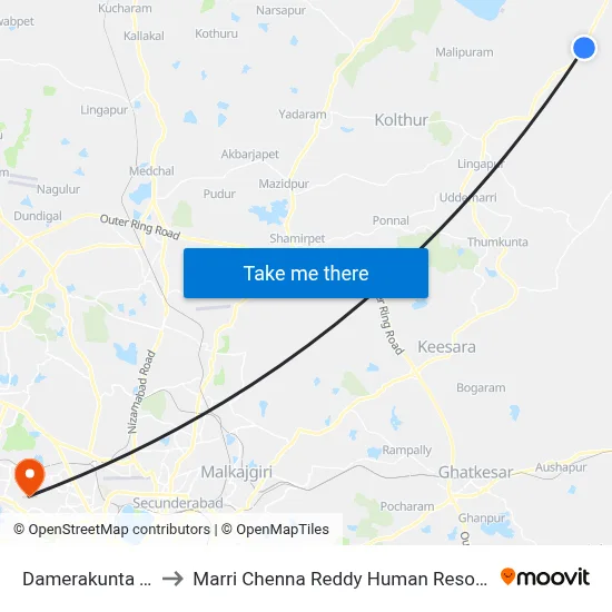 Damerakunta Twd Erravally to Marri Chenna Reddy Human Resources Development Institute map