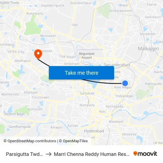 Parsigutta Twd Secunderabad to Marri Chenna Reddy Human Resources Development Institute map