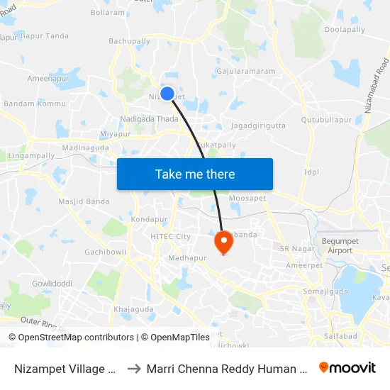 Nizampet Village Twd Nizampet X Road to Marri Chenna Reddy Human Resources Development Institute map