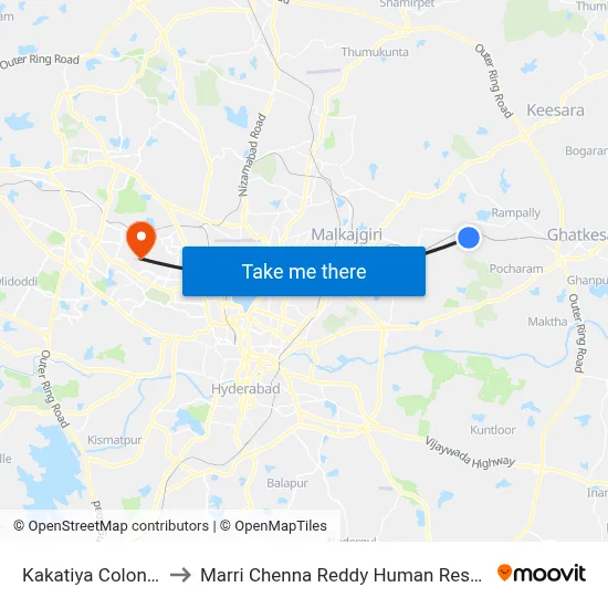 Kakatiya Colony-Chengicherla to Marri Chenna Reddy Human Resources Development Institute map