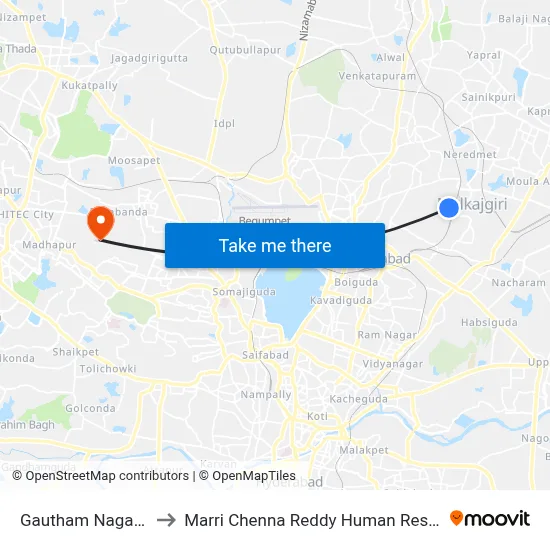 Gautham Nagar Twd Malkajgiri to Marri Chenna Reddy Human Resources Development Institute map