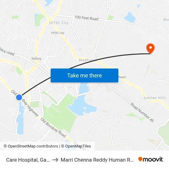 Care Hospital, Gachibowli Twd RGIA to Marri Chenna Reddy Human Resources Development Institute map