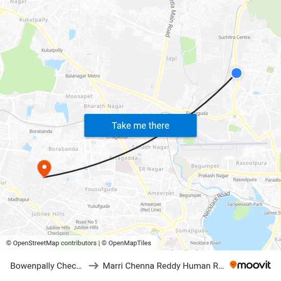 Bowenpally Check Post Twd Medchal to Marri Chenna Reddy Human Resources Development Institute map