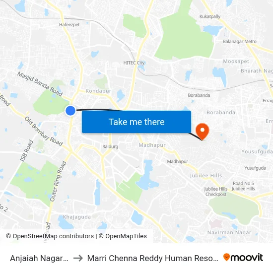 Anjaiah Nagar Twd Hafizpet to Marri Chenna Reddy Human Resources Development Institute map