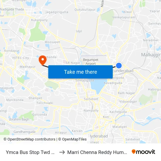 Ymca Bus Stop Twd Secunderabad  Railway Station to Marri Chenna Reddy Human Resources Development Institute map