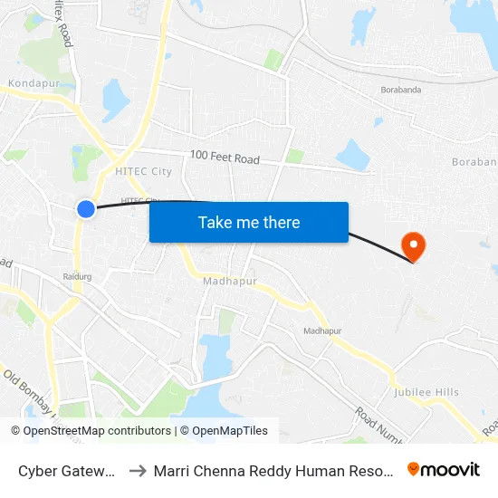Cyber Gateway Twd JNTU to Marri Chenna Reddy Human Resources Development Institute map