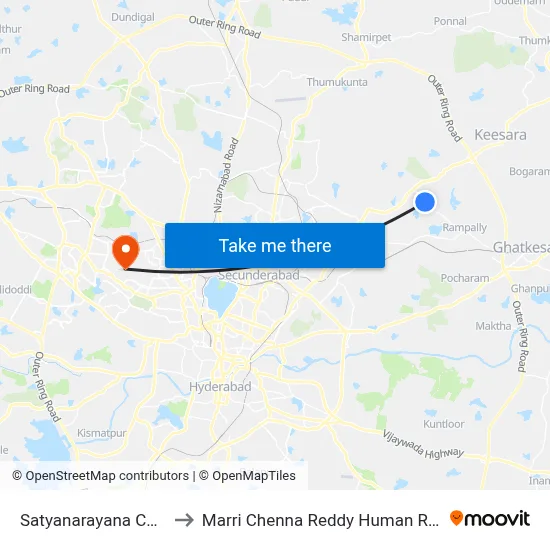 Satyanarayana Colony Twd Ghatkesar to Marri Chenna Reddy Human Resources Development Institute map