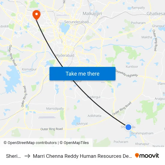 Sheriguda to Marri Chenna Reddy Human Resources Development Institute map