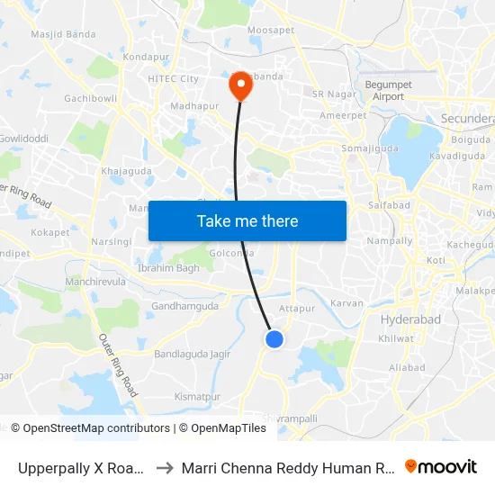 Upperpally X Road Twd Mehdipatnam to Marri Chenna Reddy Human Resources Development Institute map
