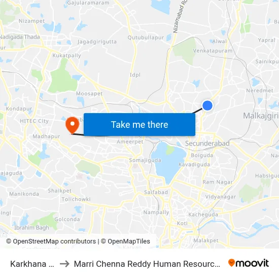 Karkhana Twd JBS to Marri Chenna Reddy Human Resources Development Institute map