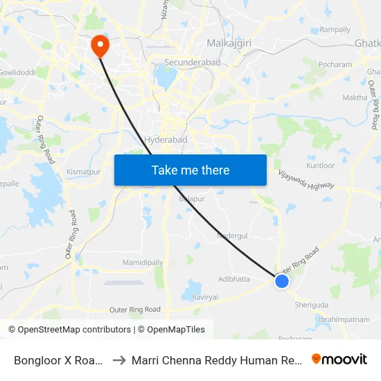 Bongloor X Road Twd Hyderabad to Marri Chenna Reddy Human Resources Development Institute map