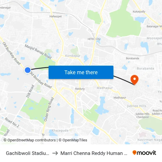 Gachibwoli Stadium Twd Mehdipatnam to Marri Chenna Reddy Human Resources Development Institute map