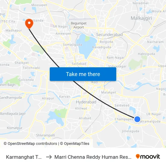 Karmanghat Twd Devarkonda to Marri Chenna Reddy Human Resources Development Institute map