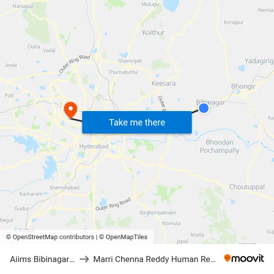 Aiims Bibinagar Twd Hyderabad to Marri Chenna Reddy Human Resources Development Institute map
