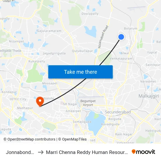 Jonnabonda Bus Stop to Marri Chenna Reddy Human Resources Development Institute map