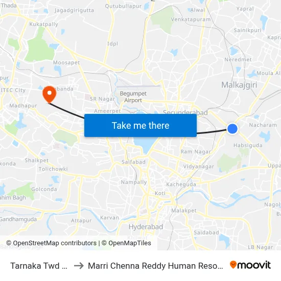 Tarnaka Twd Yadagirigutta to Marri Chenna Reddy Human Resources Development Institute map