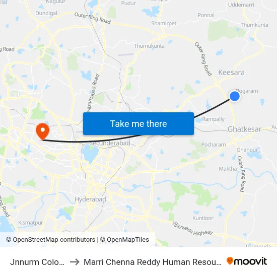 Jnnurm Colony Bogaram to Marri Chenna Reddy Human Resources Development Institute map
