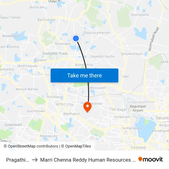 Pragathi Nagar to Marri Chenna Reddy Human Resources Development Institute map