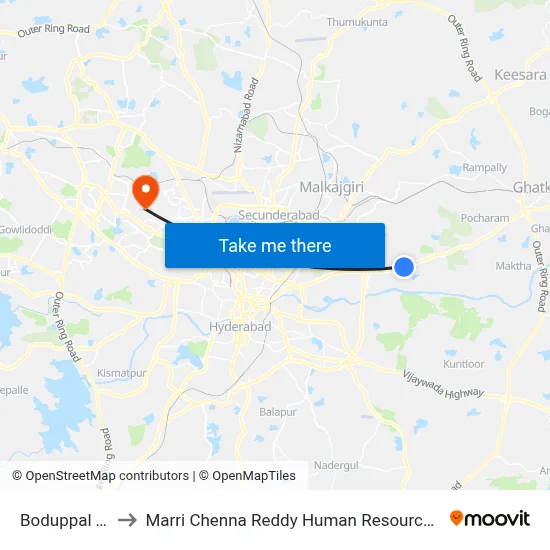 Boduppal Twd JBS to Marri Chenna Reddy Human Resources Development Institute map