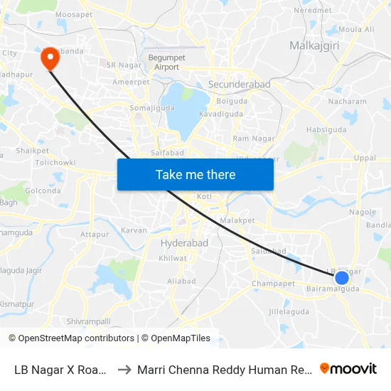 LB Nagar X Road Twd Dilsuknagar to Marri Chenna Reddy Human Resources Development Institute map