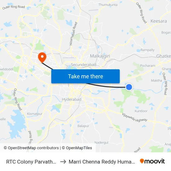 RTC Colony Parvathapur Twd Pratap Singaram to Marri Chenna Reddy Human Resources Development Institute map