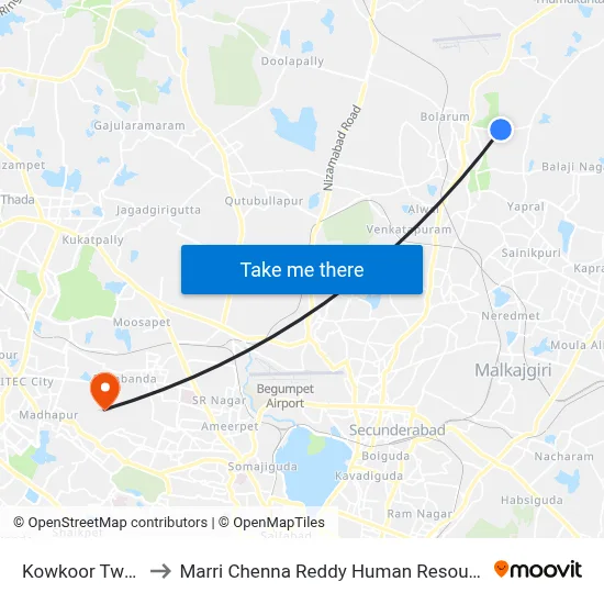 Kowkoor Twd MB Darga to Marri Chenna Reddy Human Resources Development Institute map