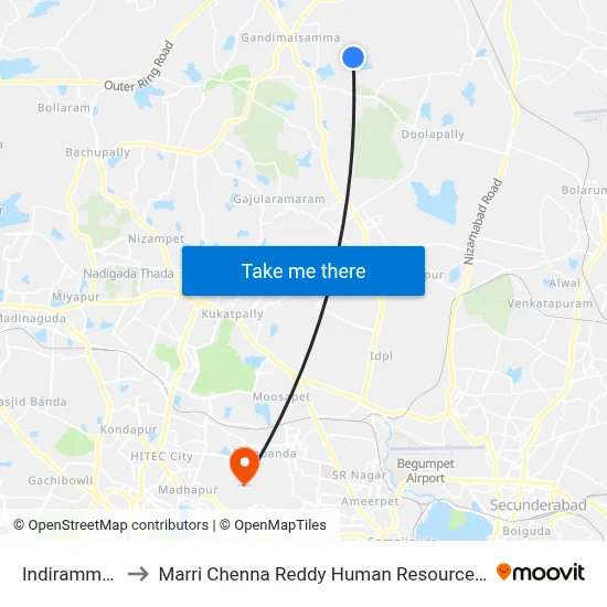 Indiramma Colony to Marri Chenna Reddy Human Resources Development Institute map