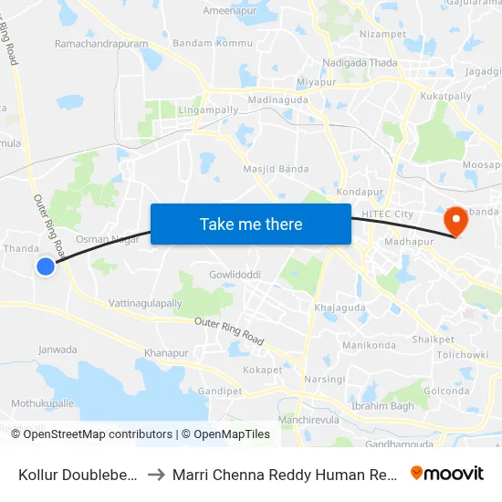Kollur Doublebedroom Township to Marri Chenna Reddy Human Resources Development Institute map