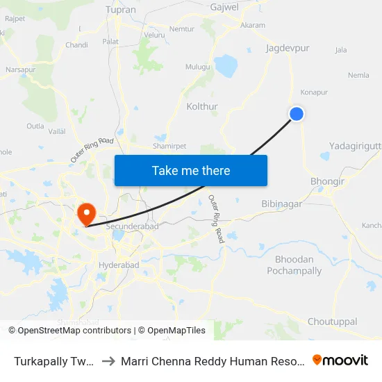 Turkapally Twd Bhuvanagiri to Marri Chenna Reddy Human Resources Development Institute map