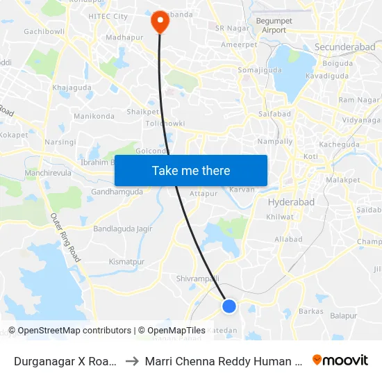 Durganagar X Road Twd Srinagar Colony to Marri Chenna Reddy Human Resources Development Institute map