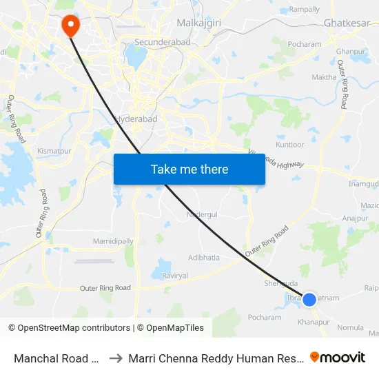 Manchal Road  Twd Ibp Busstop to Marri Chenna Reddy Human Resources Development Institute map
