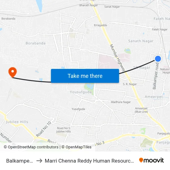 Balkampet Temple to Marri Chenna Reddy Human Resources Development Institute map