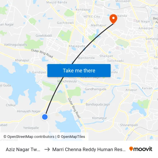 Aziz Nagar Twd Mehdipatnam to Marri Chenna Reddy Human Resources Development Institute map
