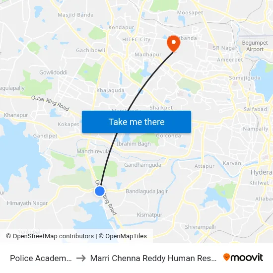 Police Academy Twd Chevella to Marri Chenna Reddy Human Resources Development Institute map