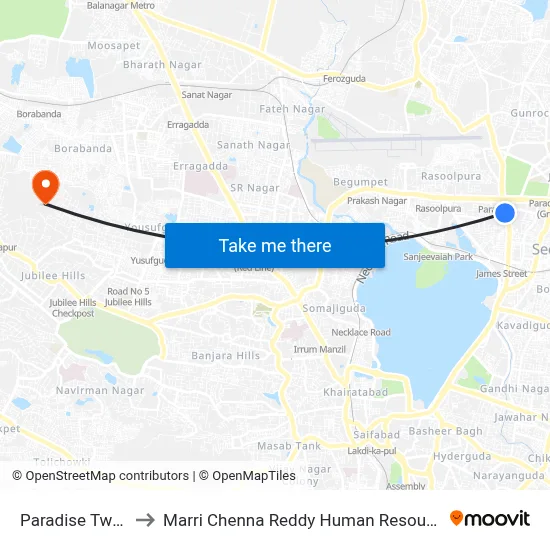 Paradise Twd Tankbund to Marri Chenna Reddy Human Resources Development Institute map