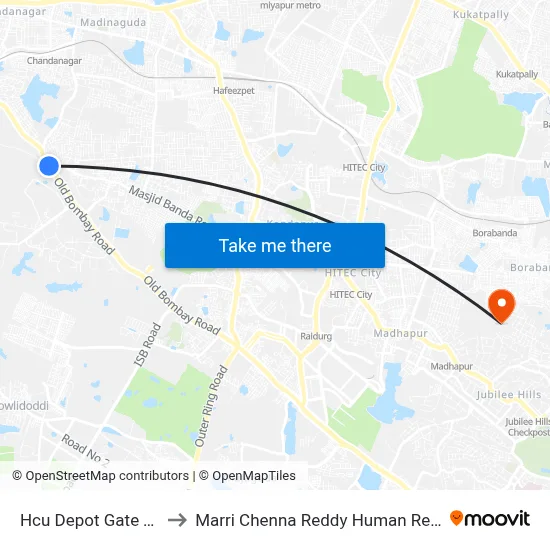 Hcu Depot Gate Twd Mehdipatnam to Marri Chenna Reddy Human Resources Development Institute map