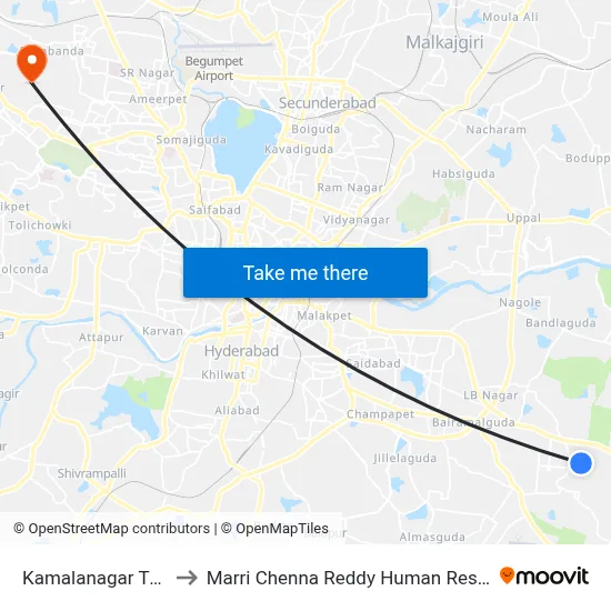 Kamalanagar Twd Hayathnagar to Marri Chenna Reddy Human Resources Development Institute map