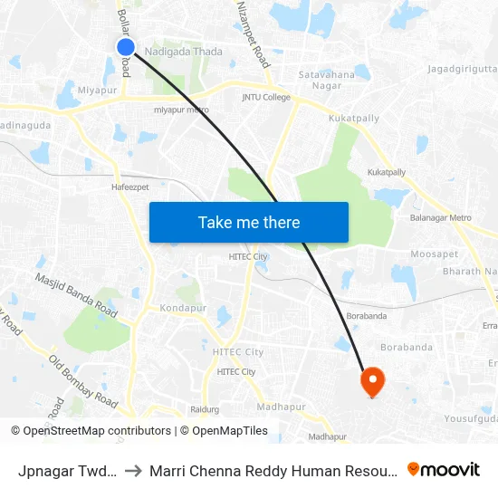 Jpnagar Twd Bachupally to Marri Chenna Reddy Human Resources Development Institute map