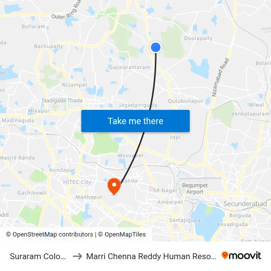 Suraram Colony Jeedimetla to Marri Chenna Reddy Human Resources Development Institute map