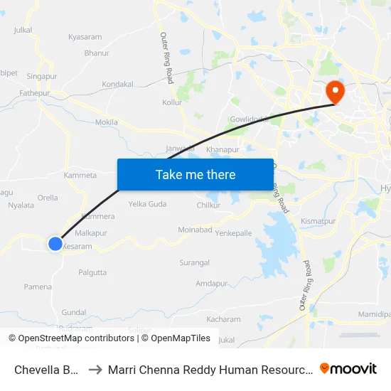 Chevella Bus Station to Marri Chenna Reddy Human Resources Development Institute map
