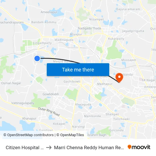 Citizen Hospital Twd Lingampally to Marri Chenna Reddy Human Resources Development Institute map