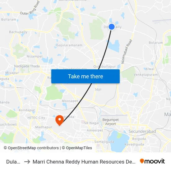 Dulapally to Marri Chenna Reddy Human Resources Development Institute map