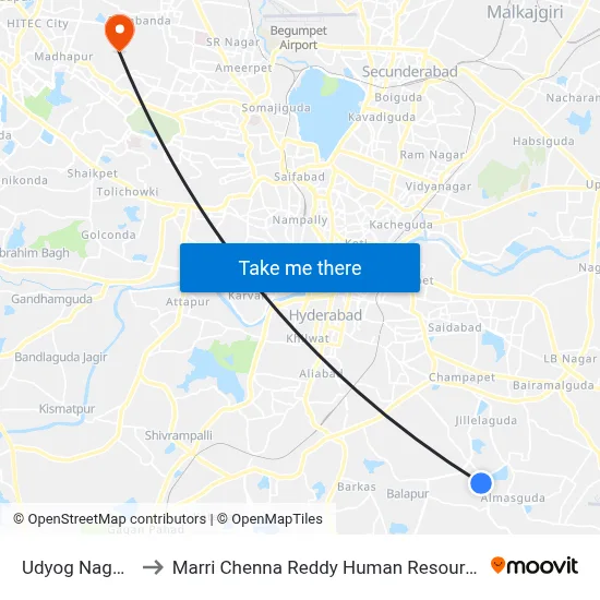 Udyog Nagar Twd Koti to Marri Chenna Reddy Human Resources Development Institute map