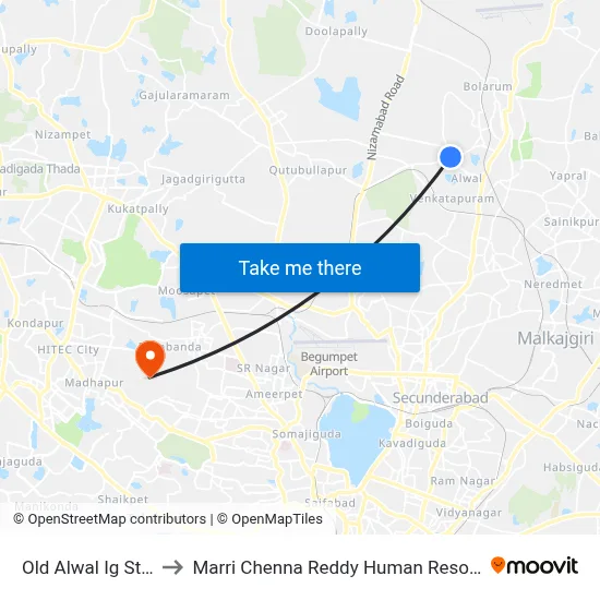 Old Alwal Ig Statue Twd JBS to Marri Chenna Reddy Human Resources Development Institute map