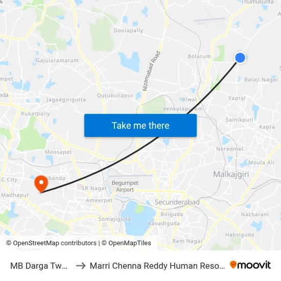 MB Darga Twd Laxmi Nagar to Marri Chenna Reddy Human Resources Development Institute map