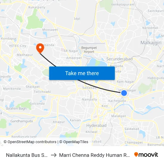 Nallakunta Bus Stop Twd Kachiguda to Marri Chenna Reddy Human Resources Development Institute map