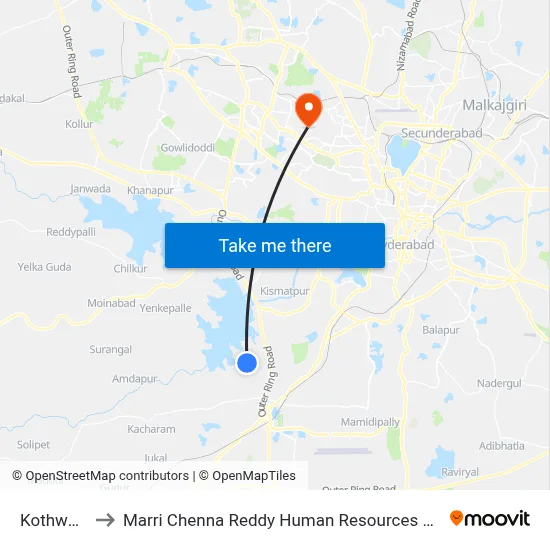 Kothwalguda to Marri Chenna Reddy Human Resources Development Institute map